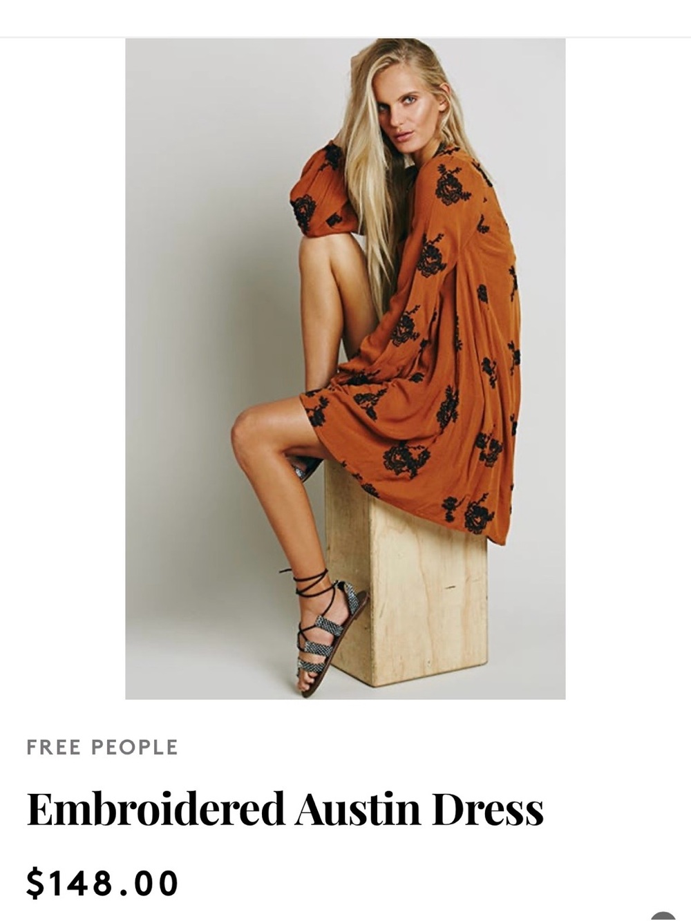 Free People Austin Mini Dress in Rust with Black Embroidery